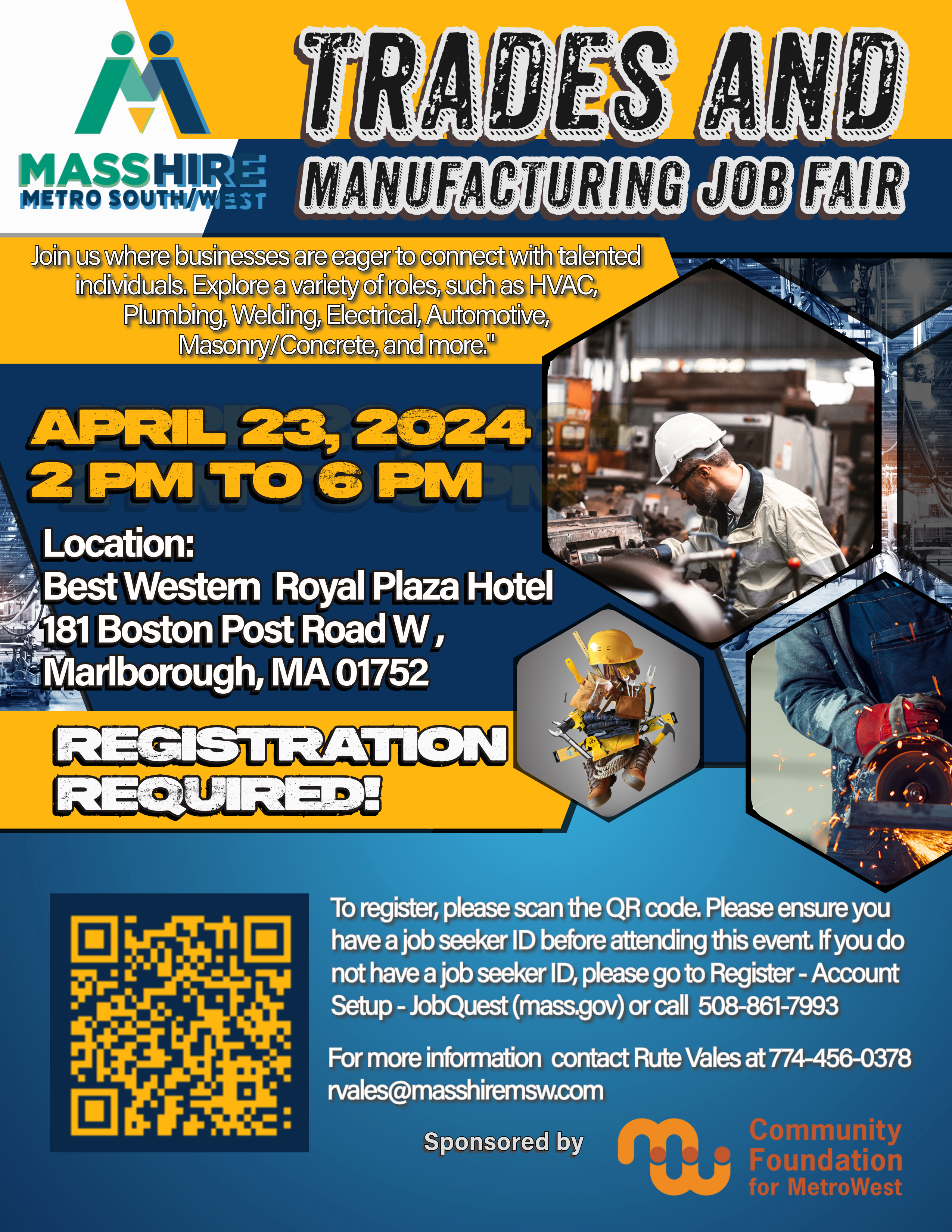 This is a flyer for the Trades and Manufacturing Career Fair being held on April 23, 2024 at the Marlborough Best Western Royal Plaza.
